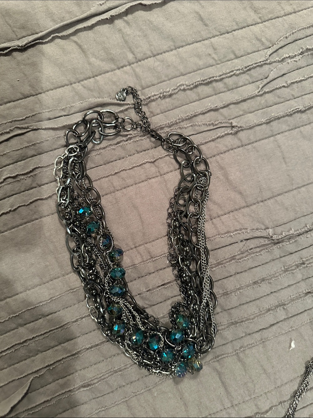 Multi-Chain Gunmetal Necklace with Teal Crystal Accents